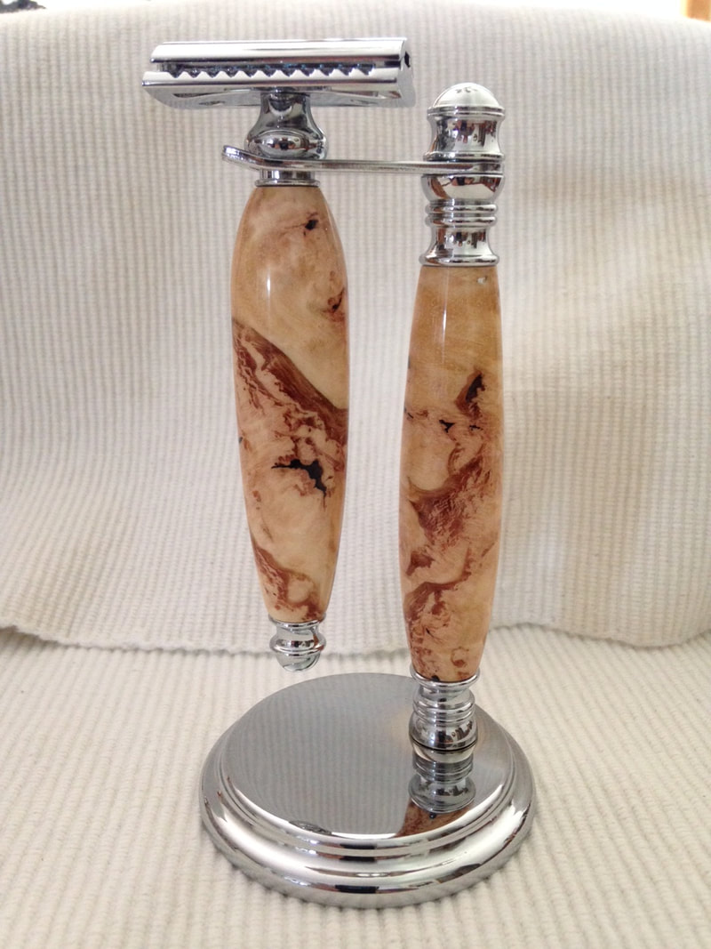 custom wooden razor and stand